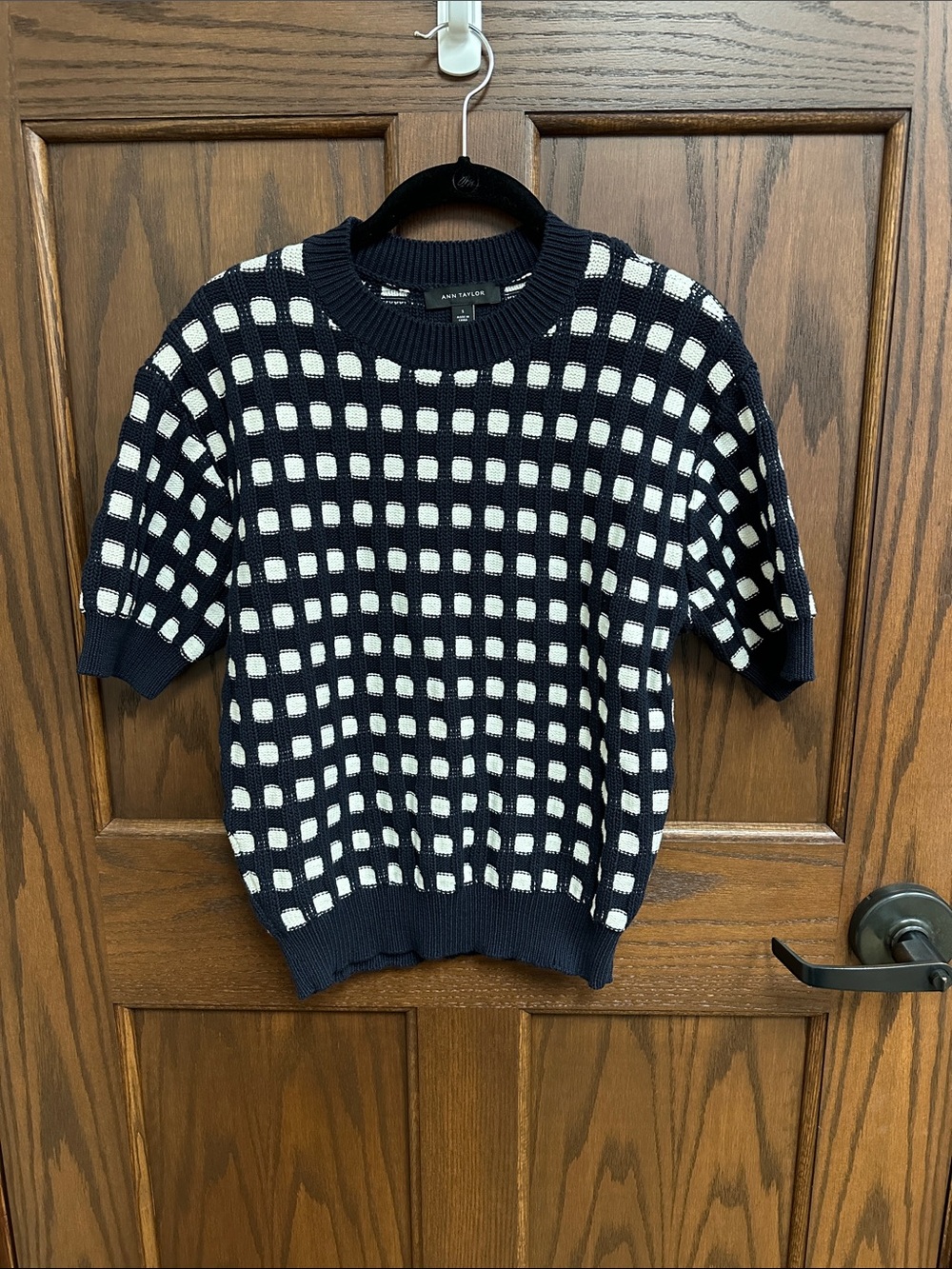 Ann Taylor Navy and White Grid Short-Sleeve Sweater